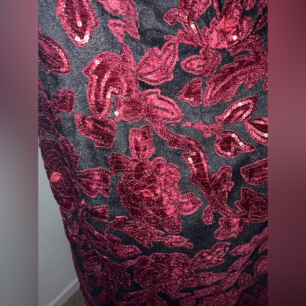 Dress the Population Black Floral Corset Gown Formal Sequin mermaid burgundy L - Picture 6 of 8